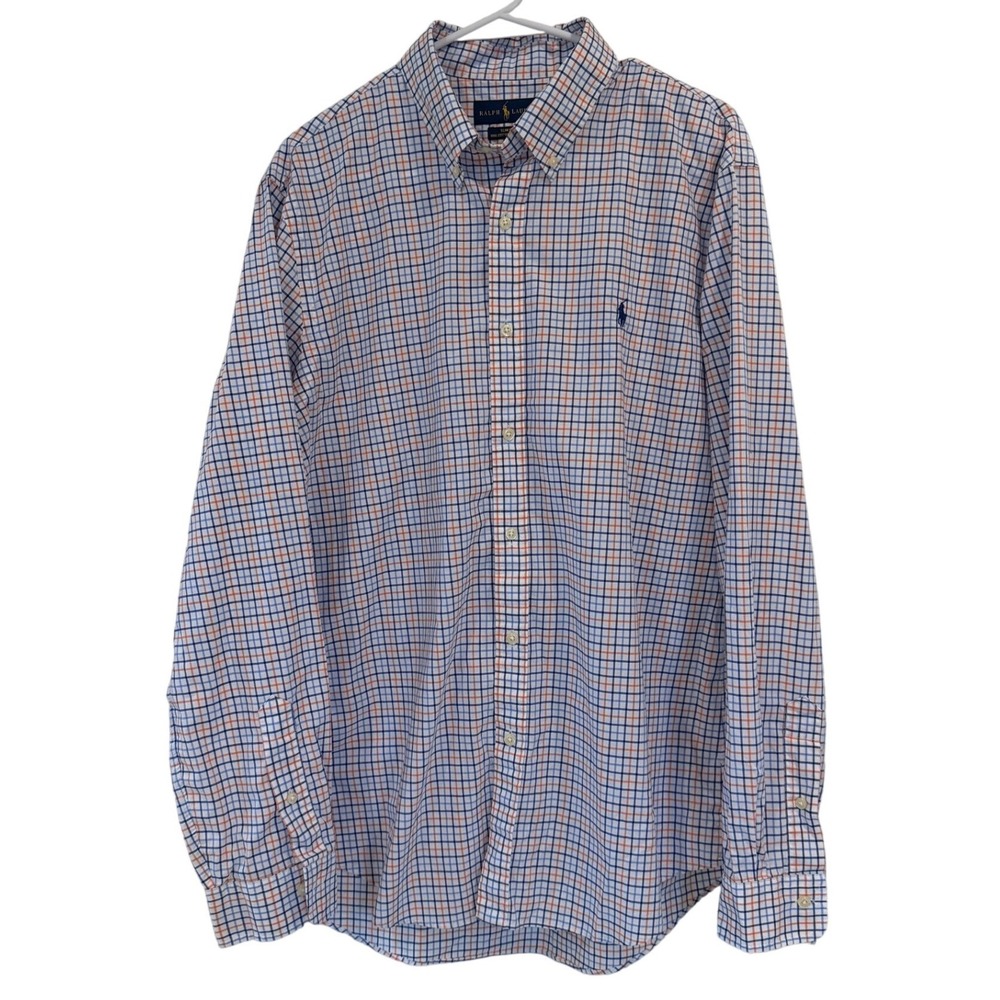 Ralph Lauren Mens XL Slim Fit Cotton Stretch Tattersall Check Shirt Orange Blue